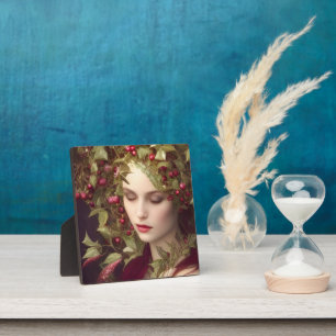 Holly Berries Beautiful Woman Holiday Tabletop Plaque