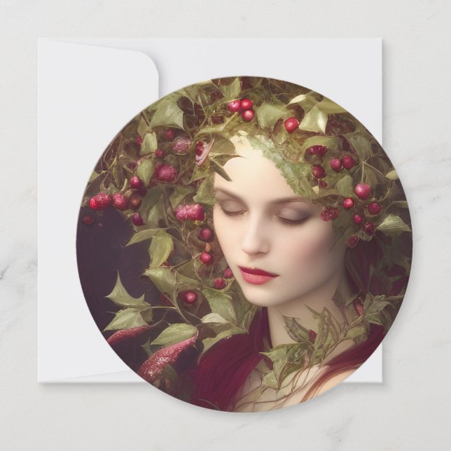 Holly Berries Beautiful Woman Portrait Round  Card (Front)