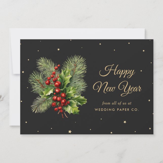Holly Berries Botanical Black Happy New Year Card (Front)