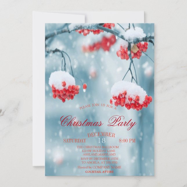 Holly Berries Branches Snow Christmas Company Invitation (Front)