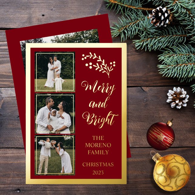 Holly | Berries Christmas 4 Photo Merry and Bright (Boho chic minimalist four-photo collage "Merry and Bright" dark red and gold foil holiday card)