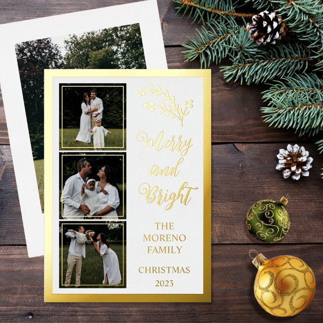 Holly | Berries Christmas 4 Photo Merry and Bright (Boho chic minimalist four-photo collage "Merry and Bright" white and gold foil holiday card)