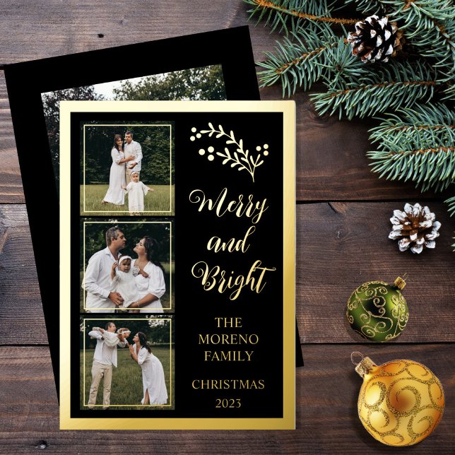 Holly | Berries Christmas 4 Photo Merry and Bright (Boho chic minimalist four-photo collage "Merry and Bright" black and gold foil holiday card)