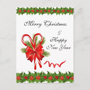 Holly Berries Christmas and Candy Canes Holiday Postcard