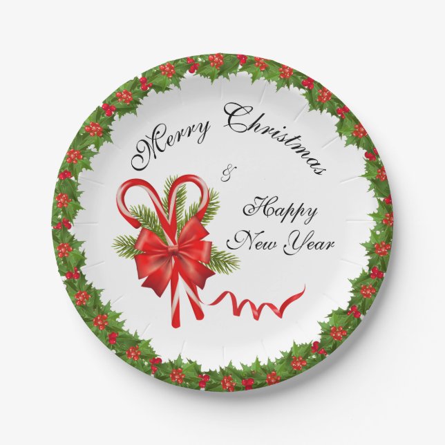 Holly Berries Christmas and Candy Canes Paper Plate (Front)