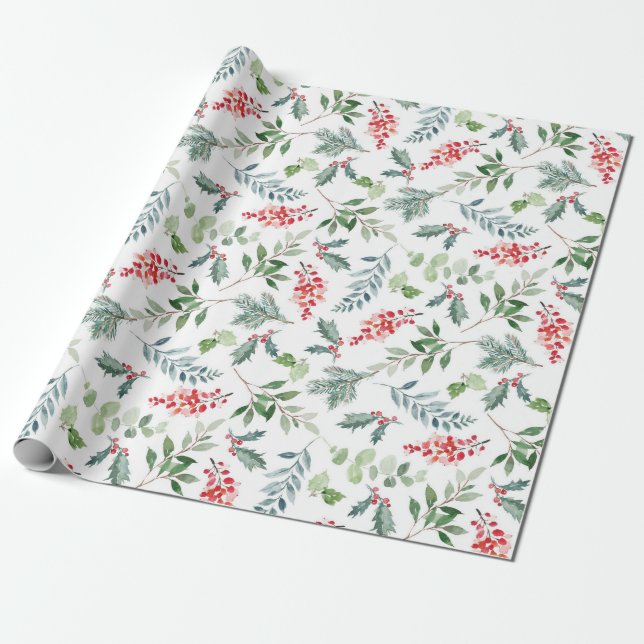 Holly Berries Christmas Holiday Wrapping Paper (Unrolled)