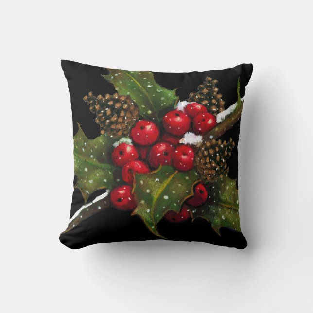 Holly Berries: Christmas Painting on Black: Art Cushion (Front)