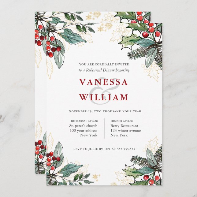 Holly Berries Christmas Wedding  Rehearsal Dinner Invitation (Front/Back)