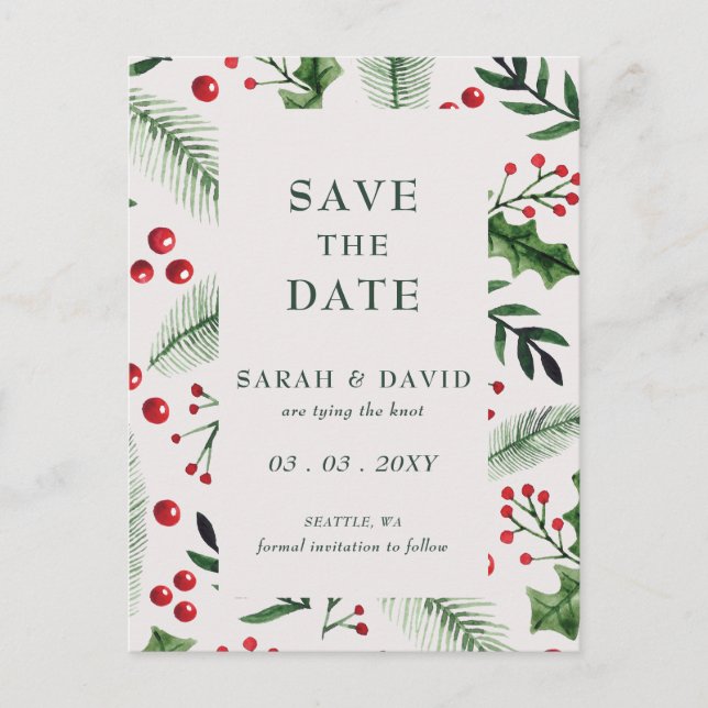 Holly Berries Christmas Winter Save the Date Announcement Postcard (Front)
