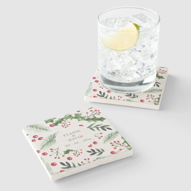 Holly Berries Christmas Winter Wedding Stone Coaster (Side)
