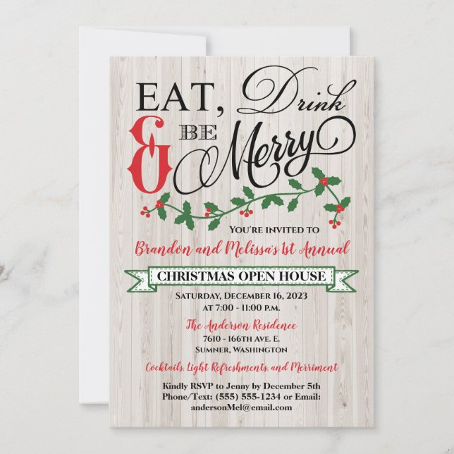 Holly, Berries, Eat, Drink, and Be Merry Party Invitation (Front)