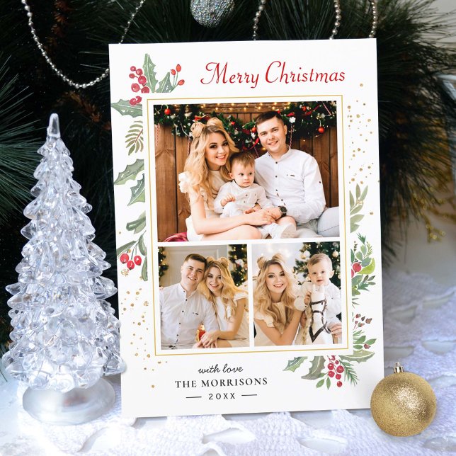 Holly Berries Elegant Chic Merry Christmas 3 Photo Holiday Card (Creator Uploaded)