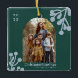 Holly Berries Emerald Christmas Photo Arch Ceramic Ornament<br><div class="desc">Your custom photo in arch shape with emerald background and blue grey holly berry designs at top right and bottom left with blue grey text.</div>
