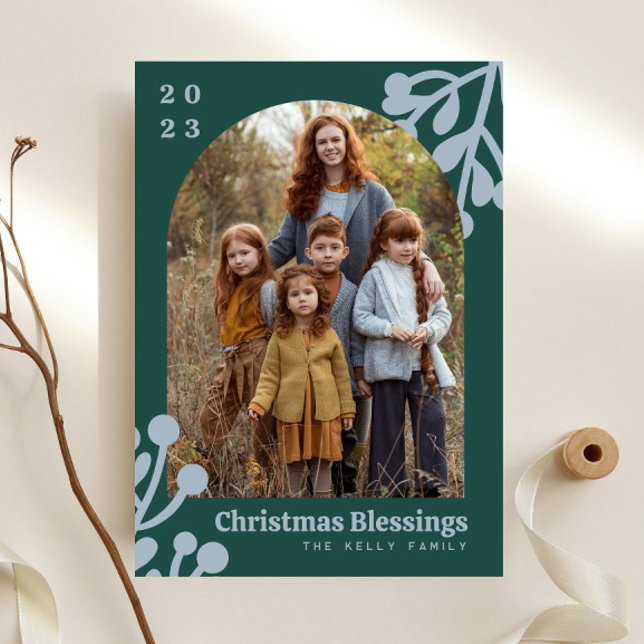 Holly Berries Emerald Christmas Photo Arch Holiday Card (Creator Uploaded)
