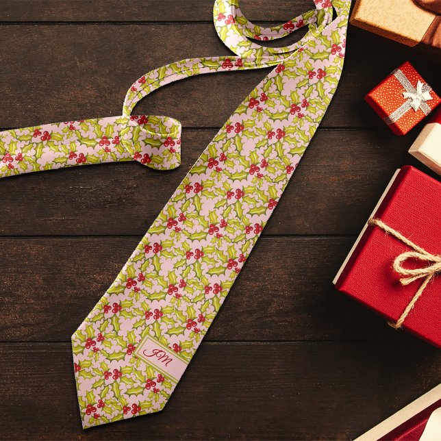 Holly Berries Festive Initials Whimsy Christmas Tie (Creator Uploaded)