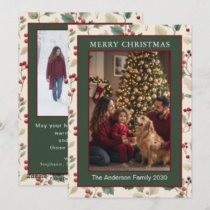 Holly Berries Forest Green 2 Photo Christmas Holiday Card