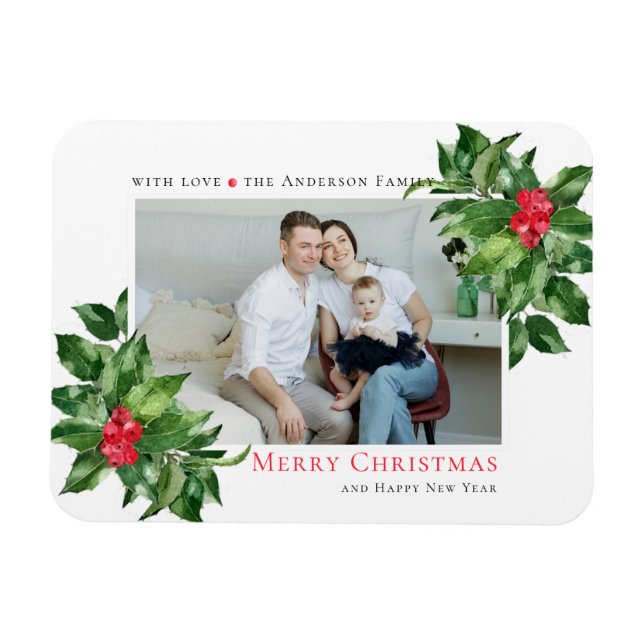 Holly Berries Frame Christmas Personalised Photo Magnet (Horizontal)
