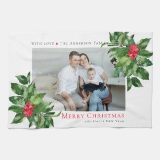 Holly Berries Frame Christmas Personalised Photo Tea Towel
