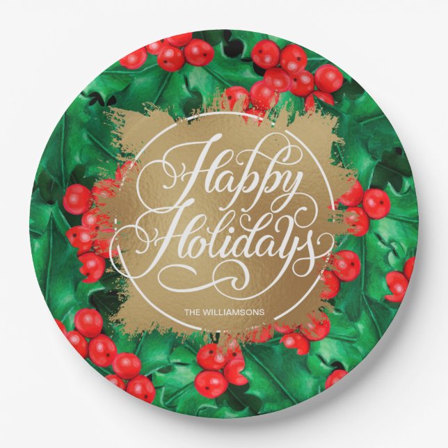 Holly Berries Gold Faux Foil Holiday Paper Plate (Front)