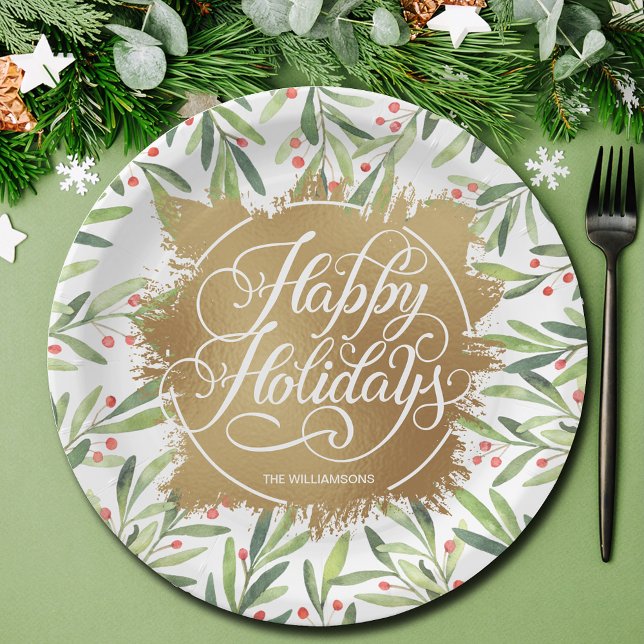 Holly Berries Gold Faux Foil Holiday Paper Plate (Personalized branch and berries on gold faux foil Happy Holiday paper plates)