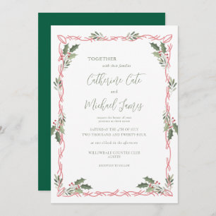 Holly Berries Green Christmas Theme Wedding Invitation