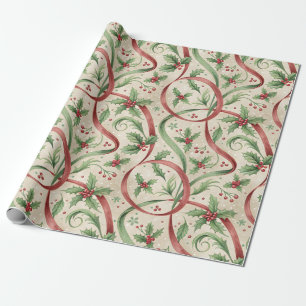 Holly Berries Green Red Ribbons Christmas Wrapping Paper