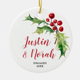 Holly Berries Greenery Personalised Engaged Couple Ceramic Tree Decoration