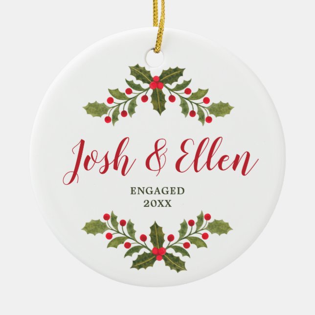 Holly Berries Greenery Personalised Engagement Ceramic Tree Decoration (Front)