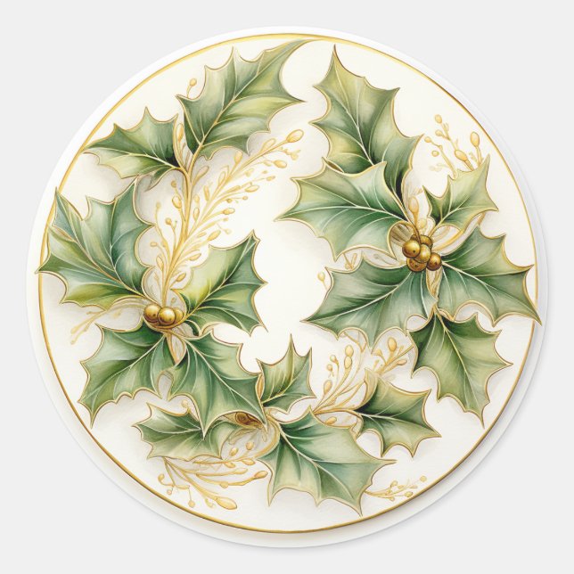 Holly Berries in Gold Classic Round Sticker (Front)