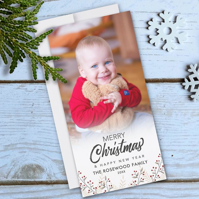 Holly Berries Merry Christmas New Year Photo Holiday Card (Holly Berries Merry Christmas New Year Photo Holiday Card)