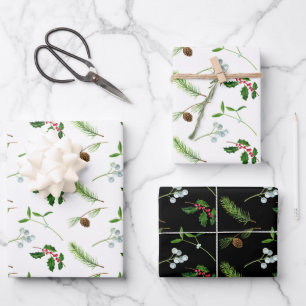 Holly Berries Mistletoe Ferns Christmas Pattern  Wrapping Paper Sheet