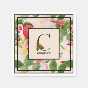 Holly Berries Monogram Letter C Family Name Paper  Napkin