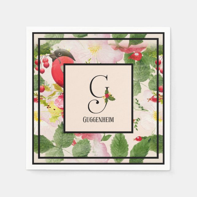 Holly Berries Monogram Letter G Family Name Paper  Napkin (Front)