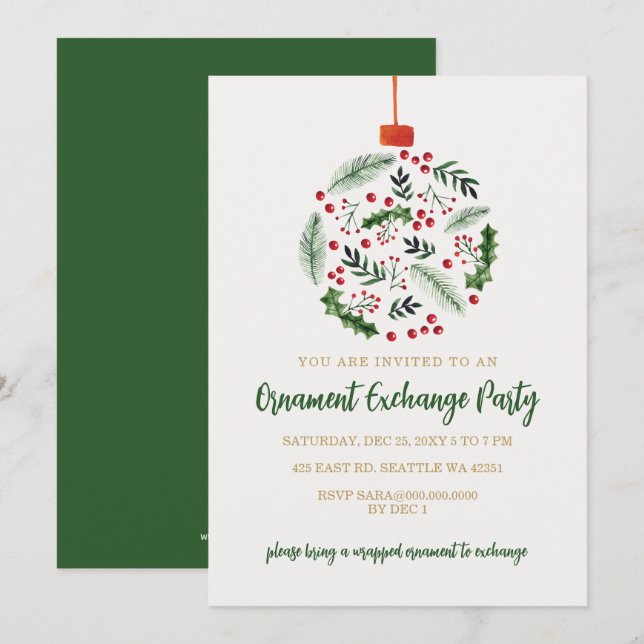 Holly Berries Ornament Exchange Christmas Party Invitation (Front/Back)