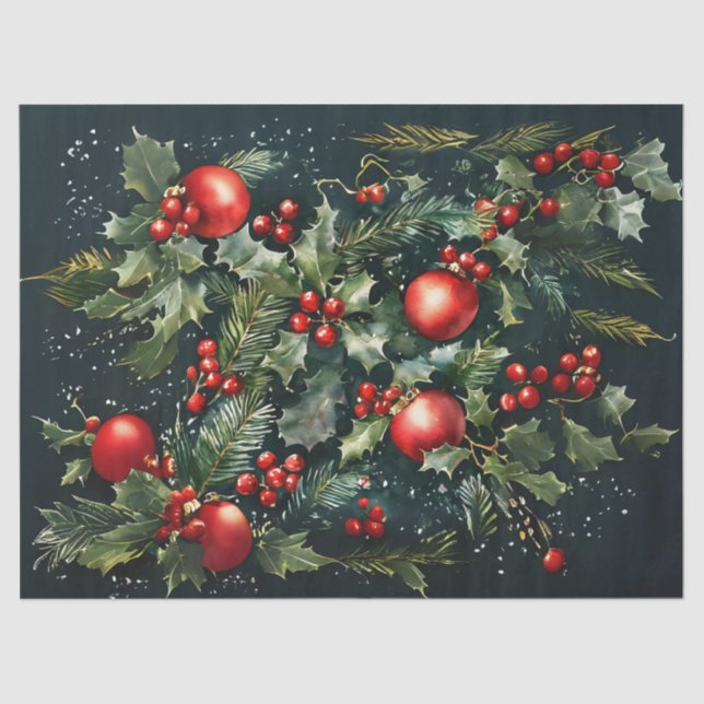 Holly Berries Ornaments and Pine Decoupage Craft P Tissue Paper (Front)