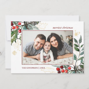 Holly Berries Outlined Christmas photo Holiday Card