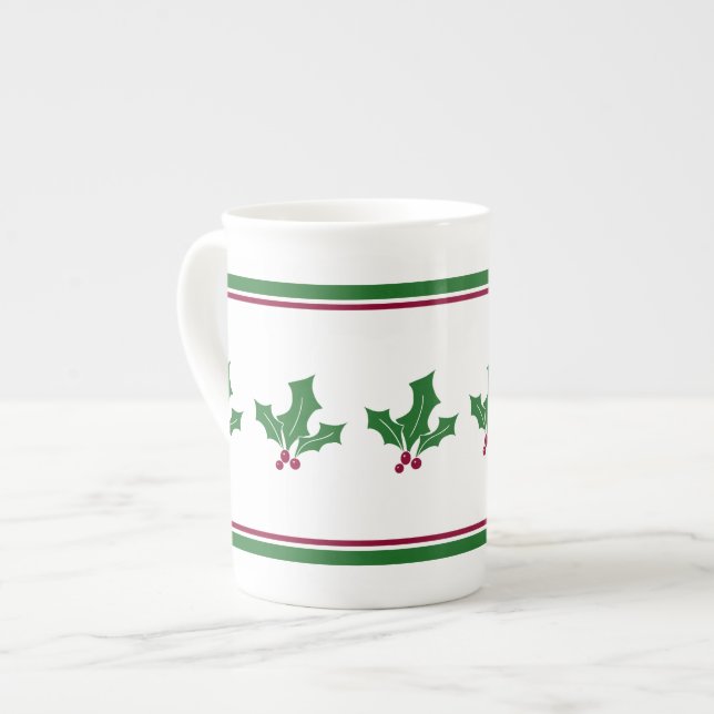 Holly Berries Pattern, Red and Green Trim Bone China Mug (Front Left)