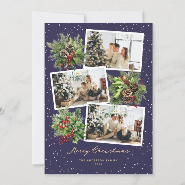 Holly Berries Photo Collage Merry Christmas Card (Front)