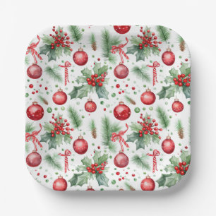 Holly Berries Pine Christmas Red Balls Paper Plate