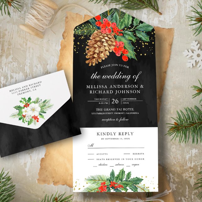 Holly Berries Pine Cone Black Christmas Wedding All In One Invitation (Creator Uploaded)