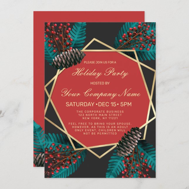 Holly Berries Pine Cone Bouquet Corporate Holiday Invitation (Front/Back)