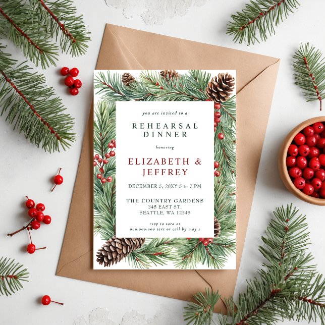 Holly Berries Pine Cone Christmas Rehearsal Dinner Invitation (Holly Berries Pine Cone Christmas Rehearsal Dinner Invitation)