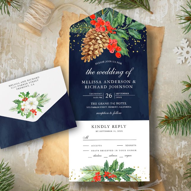Holly Berries Pine Cone Navy Christmas Wedding All In One Invitation (Creator Uploaded)