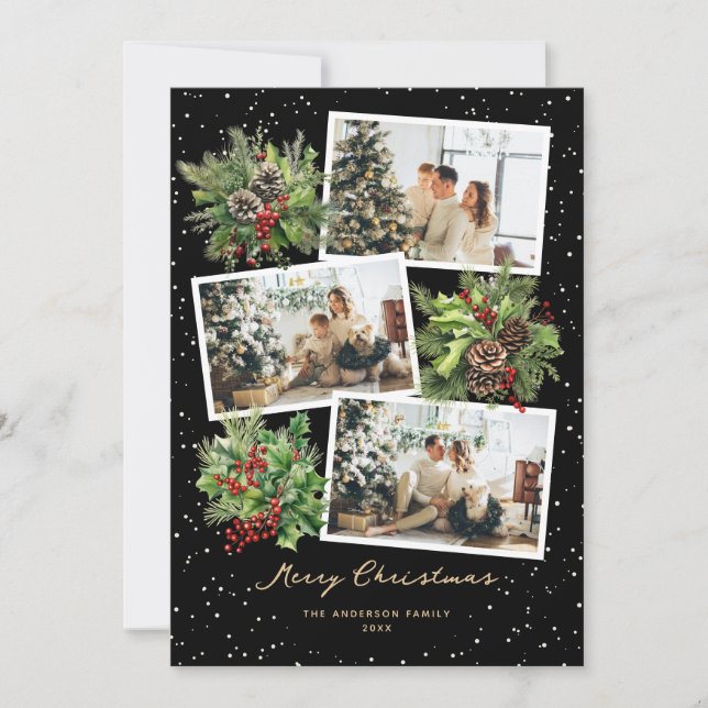 Holly Berries Pine Cones Black Photo Christmas Holiday Card (Front)