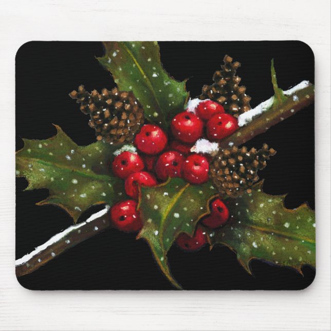 Holly Berries, Pine Cones: Christmas Oil Pastel Mouse Pad (Front)