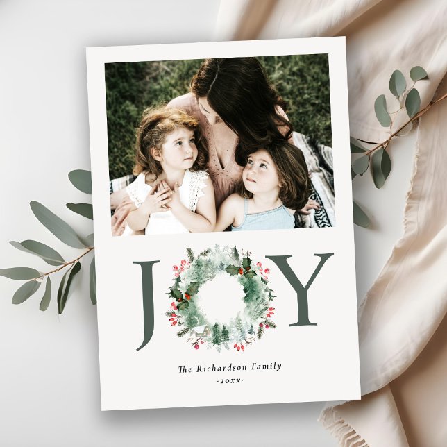 Holly Berries Pine Joy Christmas Wreath Photo Holiday Card (Creator Uploaded)