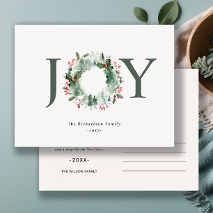 Holly Berries Pine Tree Joy Christmas Wreath Postcard