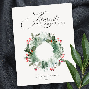 Holly Berries Pine Tree Red Christmas Wreath  Postcard