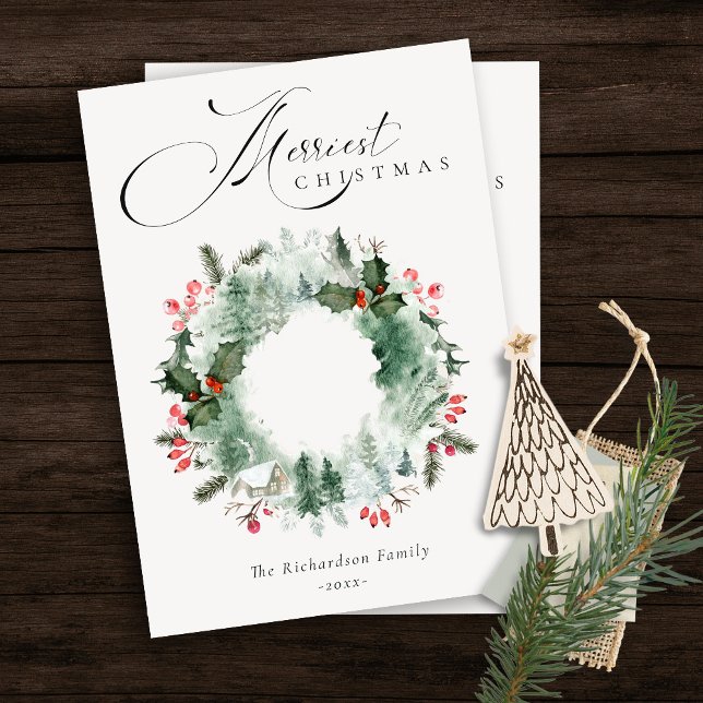 Holly Berries Pine Tree Snow Christmas Wreath Holiday Card (Creator Uploaded)