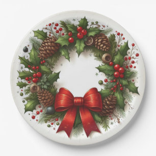 Holly, Berries, Pinecones, and Red Bow Christmas  Paper Plate